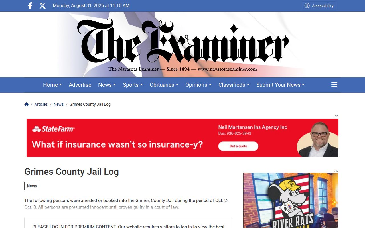 Grimes County Jail Log news booking-record source